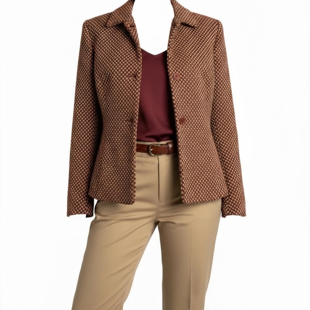 Jones New York Burgandy and Tan tweed 100% Wool Blazer Vintage 1990’s Size 16